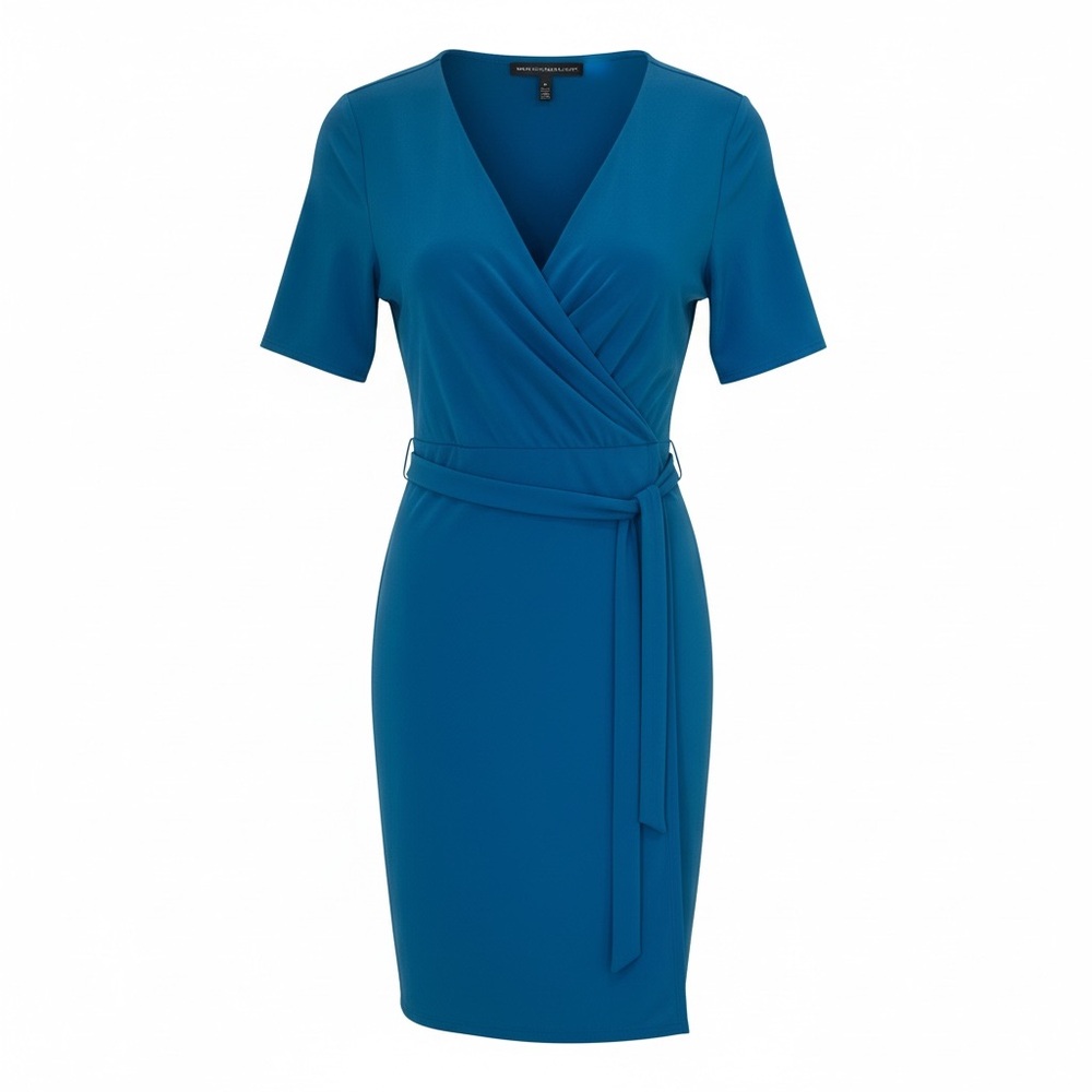 White House Black Market Faux Wrap Dress Teal Knee Length Short Sleeve Size 10